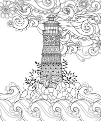 Hand drawn doodle outline lighthouse decorated with floral ornaments.Vector zentangle illustration.Floral ornament.Sketch for tattoo, poster or coloring pages.Boho style. - 103206811