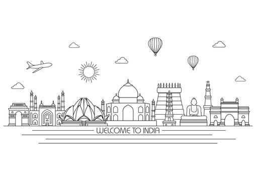 India detailed Skyline. Travel and tourism background. Vector background. line illustration. Line art style