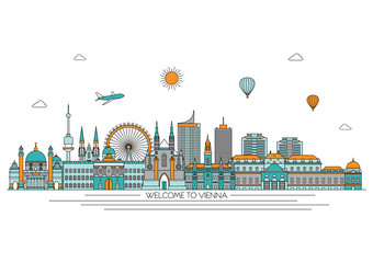 Obraz premium Vienna detailed Skyline. Travel and tourism background. Vector background. line illustration. Line art style