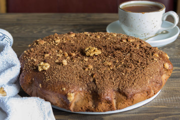 Tasty homemade pie with walnuts. 