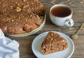 Tasty homemade pie with walnuts. 