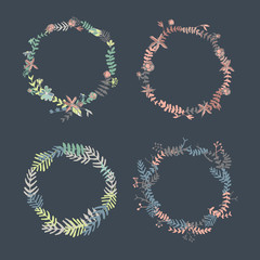 Set of hand drawn vintage flower wreaths in vector.