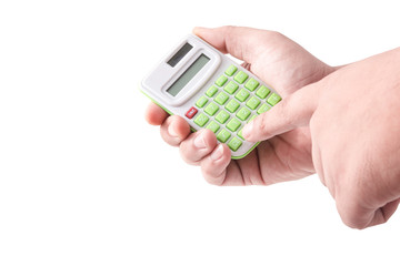 Man hand holding with calculator  isolated on white background
