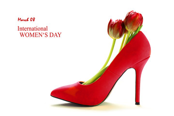 Women's day, Ladies red high heel shoe with tulips inside, isolated on white,