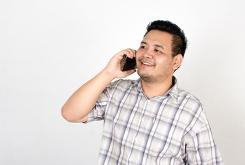 Emotion of Asian fat man on white background