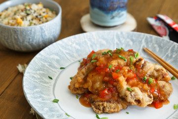 Sweet and sour pork with fried rice