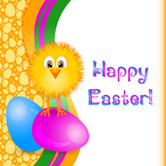 Holiday card for Easter with painted eggs and little yellow chicken. Seamless egg pattern see in my portfolio