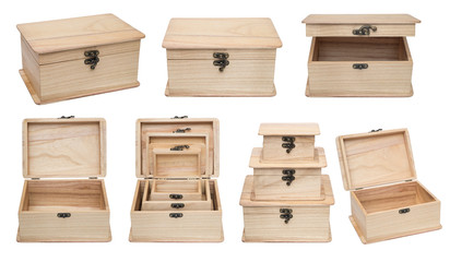 Plain wooden caskets isolated on white background.