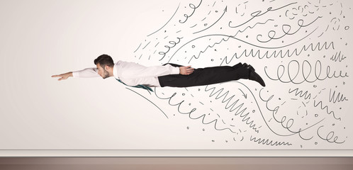 Business man flying with hand drawn lines comming out
