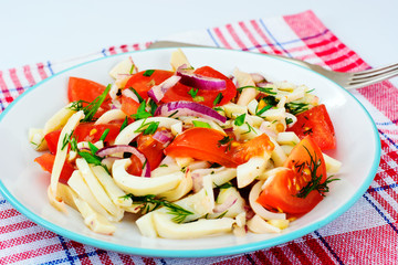 Salad with Squid, Tomato, Red Onion, Vegetable Oil