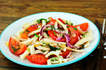 Salad with Squid, Tomato, Red Onion, Vegetable Oil
