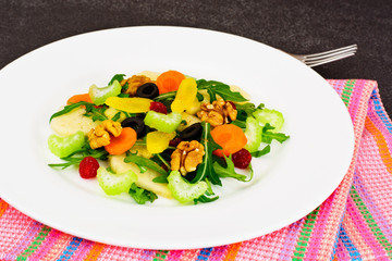 Dietary Delicious Salad on White Plate of Arugula, Par, Walnut a