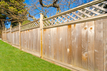 wooden fence with green lawn and trees