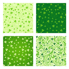 Set of four seamless green St. Patrick's day backgrounds with floral swirls and clover leaves.