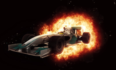 Fototapety  Samochód wyścigowy 3D z efektem ognistej eksplozji