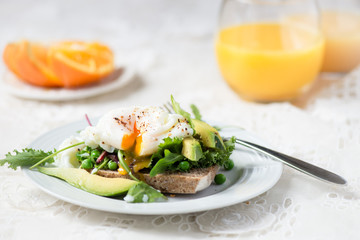  Toast and Poached Egg with Green Salad, Avocado and Peas