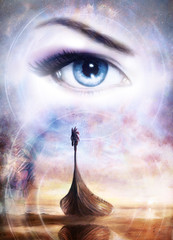 Viking Boat on the beach and woman eye. Boat with wood dragon. And structure background, red, orange, yellow, black, violet and blue color. Color painting. © jozefklopacka