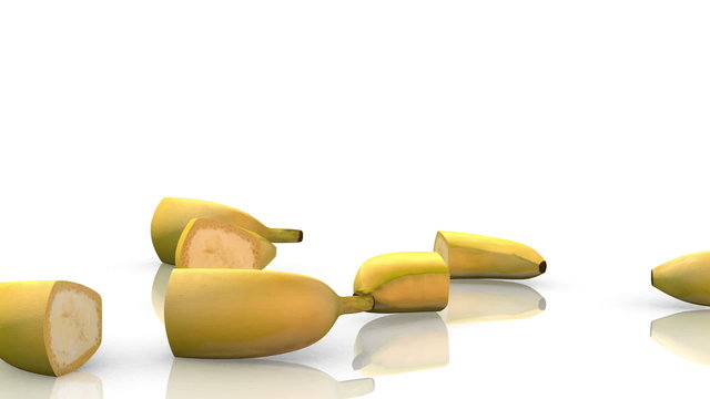 Hyperreal scene featuring 3D halved bananas rotating against a white background.

