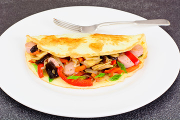 Healthy and Diet Food: Scrambled Eggs with Sausage and Vegetable