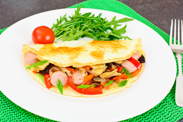 Healthy and Diet Food: Scrambled Eggs with Sausage and Vegetable