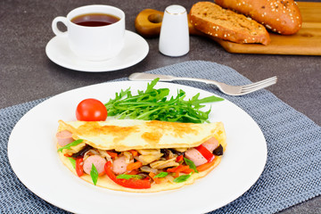 Healthy and Diet Food: Scrambled Eggs with Sausage and Vegetable