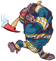 Naklejka premium Angry Cartoon Gorilla Firefighter Swinging Fire Axe