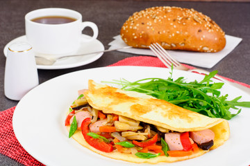 Healthy and Diet Food: Scrambled Eggs with Sausage and Vegetable