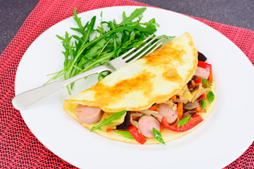Healthy and Diet Food: Scrambled Eggs with Sausage and Vegetable