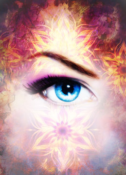 Woman eye and mandala, Abstract color background and desert crackle.