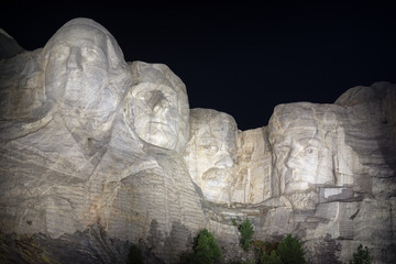 Mount Rushmore at night with all four presidents visible in South Dakota