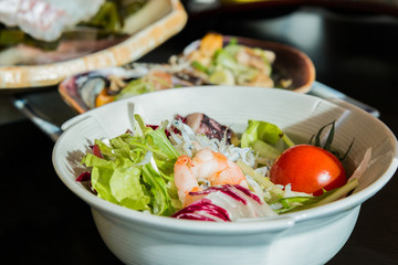salad of shrimp, mixed greens.