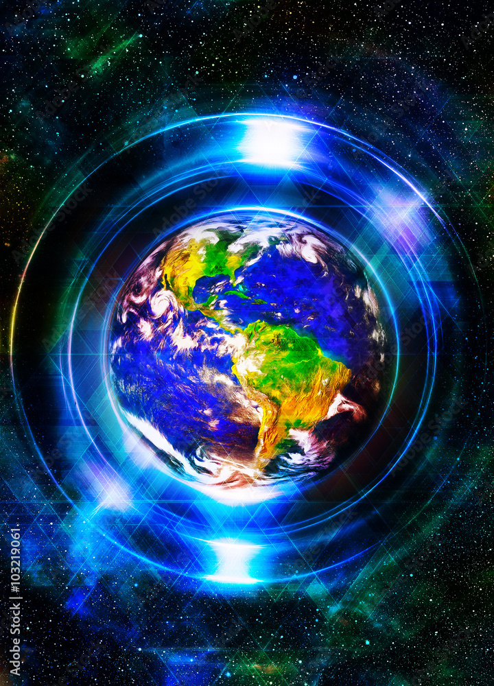 Aufkleber planet earth in light circle with light triangle structure. computer collage. earth concept. planet 