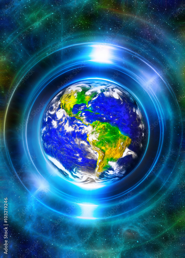 Poster planet earth in light circle, cosmic space background. computer collage. earth concept. elements of 