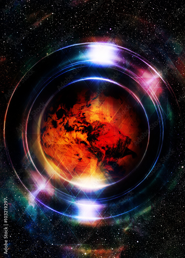 Poster planet earth in light circle, cosmic space background. computer collage. earth concept. elements of 