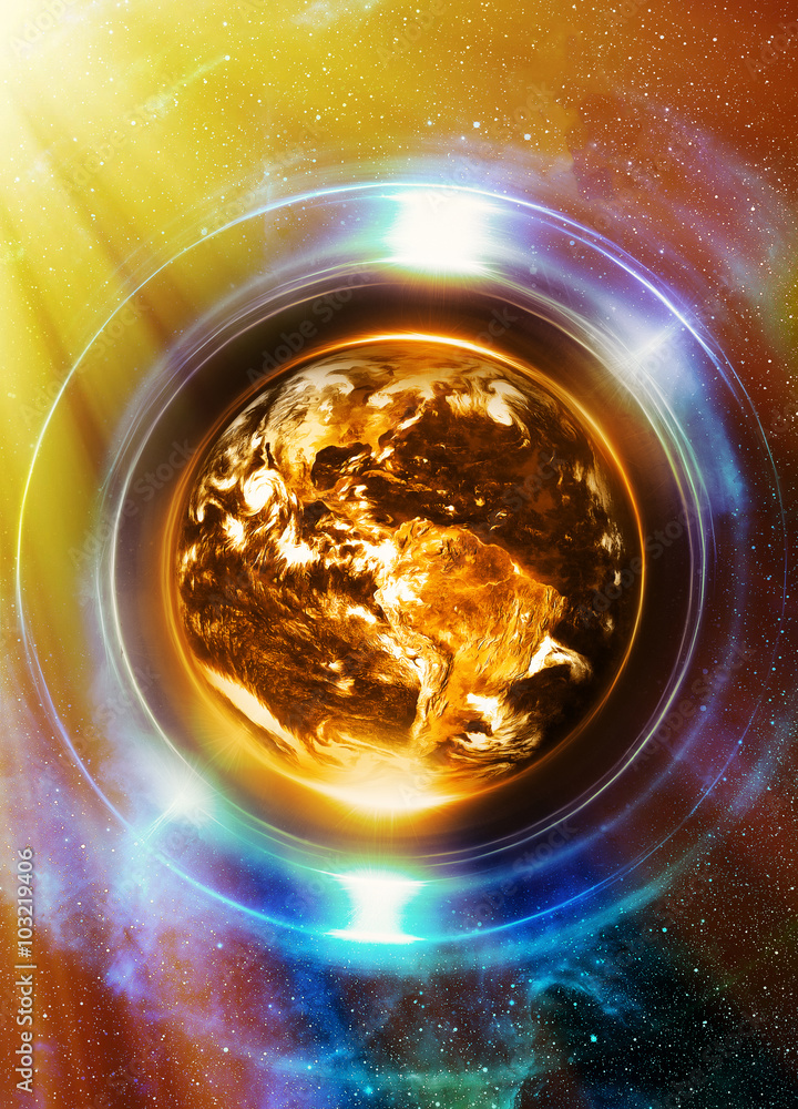 Poster planet earth in light circle, cosmic space background. computer collage. earth concept. planet earth