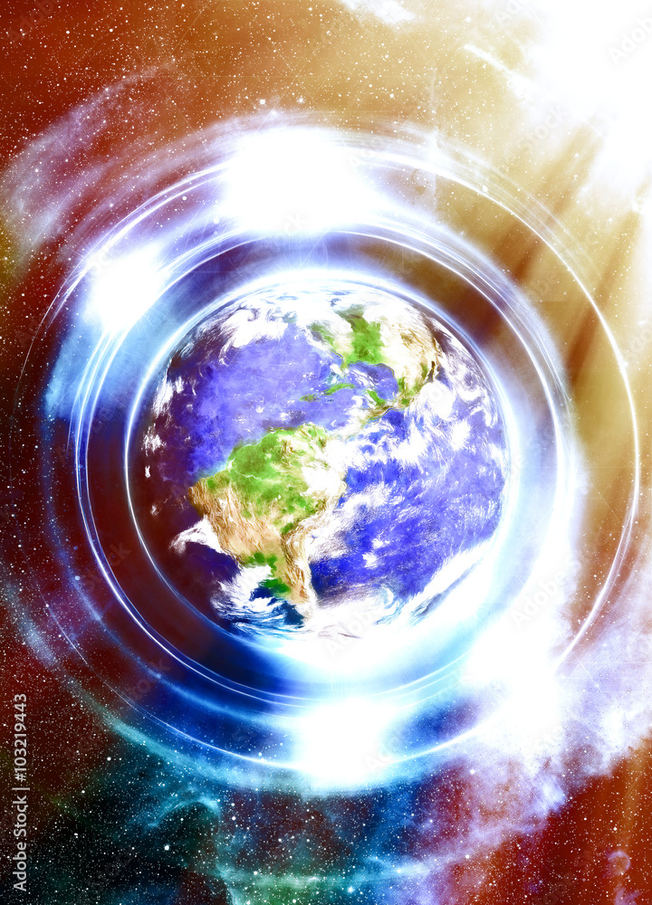 Poster planet earth in light circle, cosmic space background. computer collage. earth concept. planet earth
