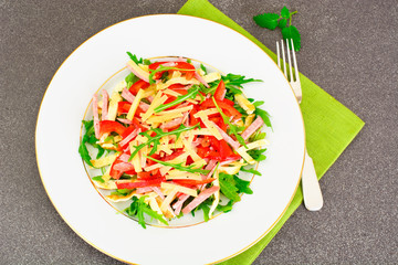 Salad with Arugula, Scrambled Eggs, Ham, Cheese, Peppers