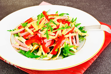 Salad with Arugula, Scrambled Eggs, Ham, Cheese, Peppers