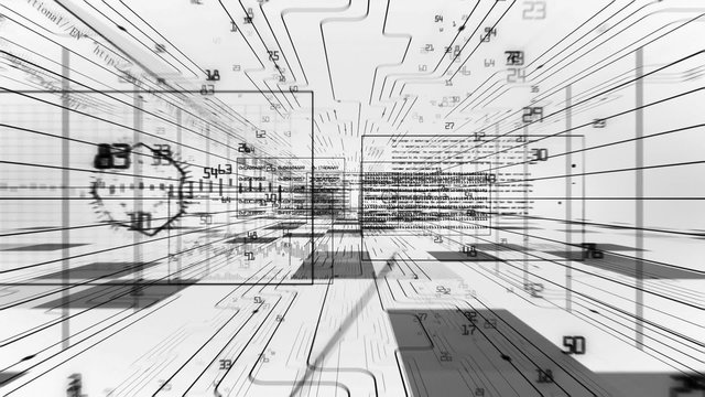 Flight through the Digital Code Stream. Black on White. Looped 3d animation. Digital Technology Concept. HD 1080.