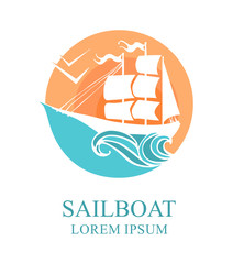 Sailboat, sea and sun. Template design logo and icon.