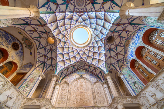 Ornamental ceiling of Borujerdi Historical House in Kashan, Iran