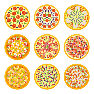 Set of pizza icons in a flat style isolated on white background.