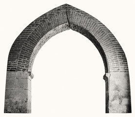 Brick pointed arch in an ancient Benedictine monastery. - 103222650