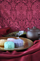 Mooncake Plate on Red Satin Background