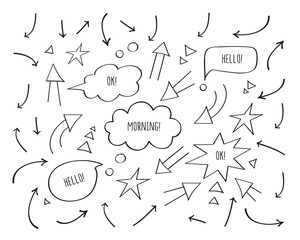 Set of different arrows and speech bubbles. Hand drawing elements. Doodles, sketch for your design. Black and white. Vector.