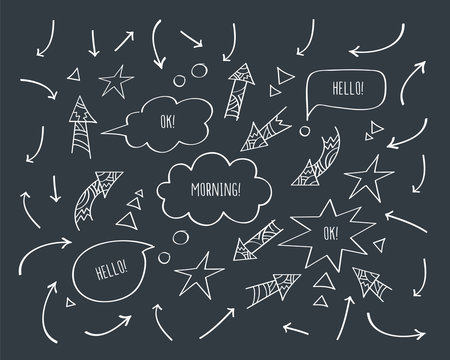 Set of different arrows and speech bubbles. Hand drawn with chalk on the black chalkboard. Doodles, sketch design elements for your design. Vector.