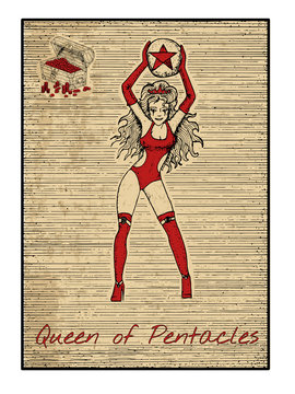 The tarot card in red. Queen of pentacles