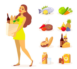 Vector illustration of young girl in green dress with paper food