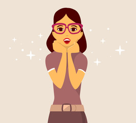 Vector illustration of young girl puts her hands together near t