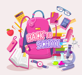 Vector illustration of big pink backpack with many student items